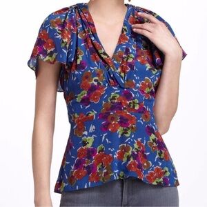 Anthropologie Girls from Savoy Dayflower Floral Blue Floral Silk Retro Blouse